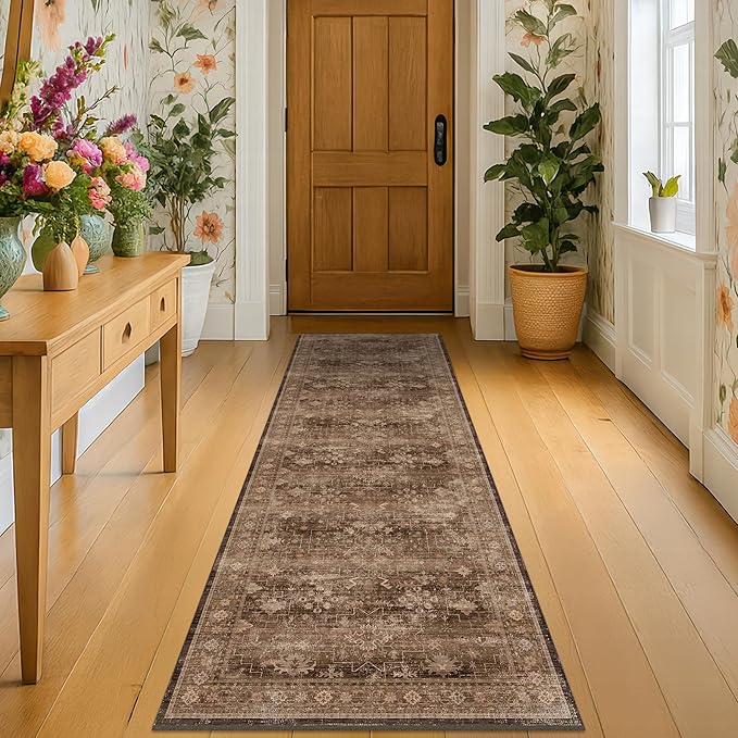 Brown Boho Washable 2x6 Runner Rugs for Hallway Kitchen Bedroom Beside Laundry Room Bathroom Rug, Pet & Kids Friendly, Non Slip Low Pile Stain Resistant Soft Faux Wool Long 24 x 72 Floor Carpet