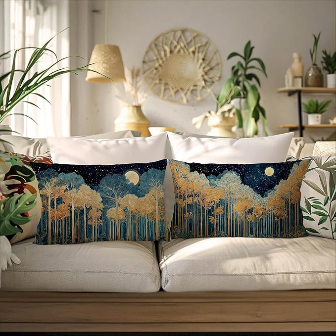 Rustic William Morris Inspired Gold Forest Moon Pillow Covers 12x20 Set of 2,Vintage Black and Gold Botanical Moon Nature Landscape Decorative Throw Pillow Covers for Home Bedroom Living Room