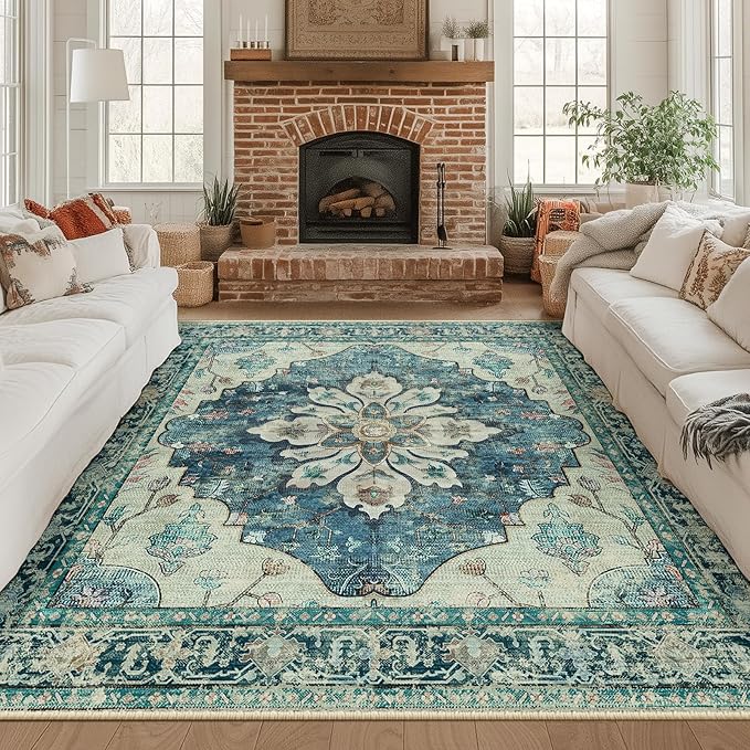 RELEANY Area Rugs Square 8ft Washable Non-Slip, Floral Vintage Distress Print Pattern Medallion Carpet for Living Room Bedroom Dining Room, Dark Blue Vintage