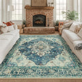 RELEANY Area Rugs Square 8ft Washable Non-Slip, Floral Vintage Distress Print Pattern Medallion Carpet for Living Room Bedroom Dining Room, Dark Blue Vintage