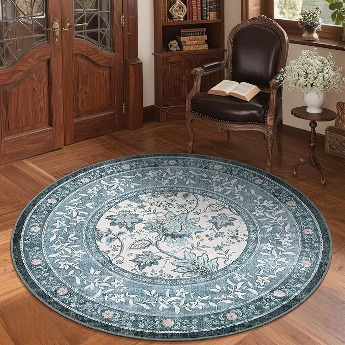 GarveeHome Misty Blue Botanical Grove 5ft Round Rug, Small Circle Vintage Cottagecore Soft Low-Pile Non-Slip Washable Rugs for Living Room Bedroom Nursery Kitchen Retro Carpet