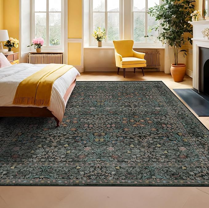 Dining Room Rugs for Under Table - 6x8 Washable Dark Green Area Rug for Living Room, Low Pile Non-Slip Floor Carpet for Bedroom - Vintage Design & Stain Resistance
