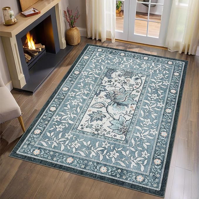 GarveeHome Provence Botanical Grove 4x6 Rug Vintage Cottagecore Retro Blue 4 x 6 Area Rug for Bedroom Living Room Nursery Kitchen Entryway Indoor Mat