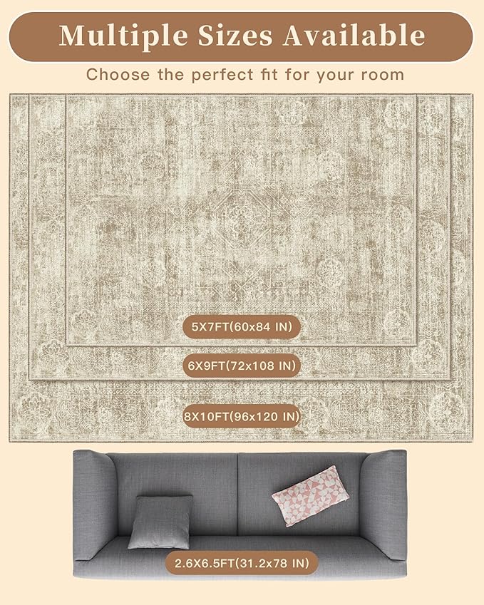 Madane 6x9 Area Rugs for Living Room, Machine Washable Vintage Beige Rug with Non-Slip Backing, Soft Throw Rugs, Thin Stain Resistant Carpet for Bedroom Dining Room Farmhouse Home Office