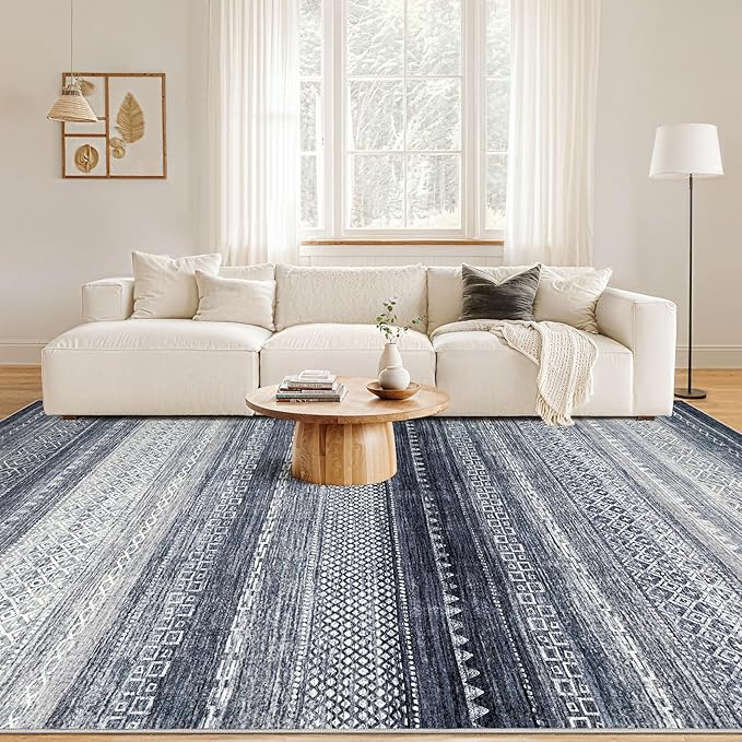 Nakagishi Area Rugs 9x12 Living Room Rug: Washable Boho Large Neutral Modern Soft Stain Resistant Indoor Floor Non-Slip Moroccan Accent Carpet for Bedroom Nursery Kid Playroom Office Dining Room- Blue