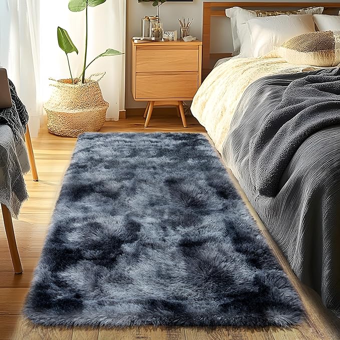 Runner Rugs for Bedroom, 2x6 Fluffy Throw Area Rug Non Slip for Bedside Dorm Hallways, Long Soft Shag Carpet for Nursery Living Room, Blue Grey