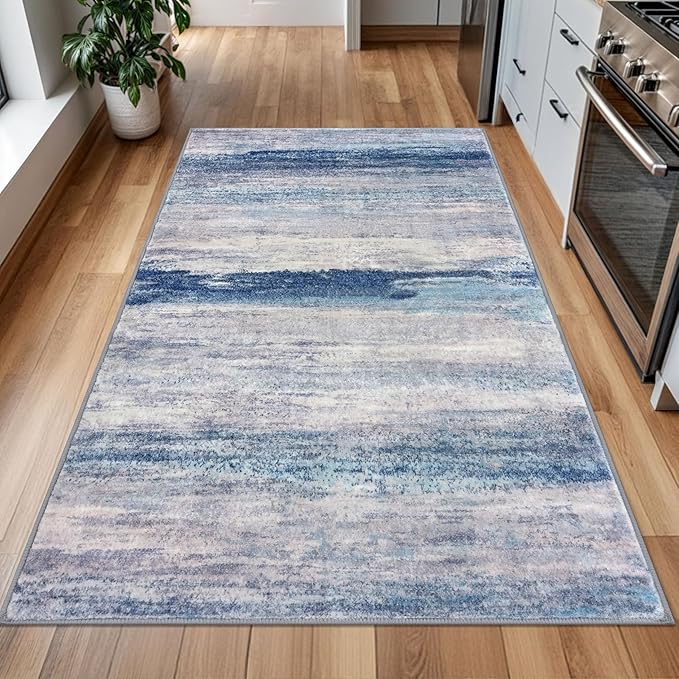 KOZYFLY 4x6 Area Rug Modern Abstract Washable Large Rugs for Entryway Non-Slip Soft Living Room Rug, Print Blue/Grey/Beige Throw Rugs Indoor Mat for High-Traffic Door Entrance, Nursery, Bedroom