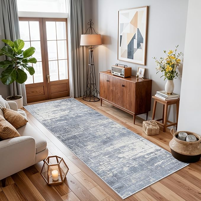 Hallway 2x8 Washable Runner Rug: Abstract Stain Resistant Kitchen Entryway Rugs Farmhouse Ultra Soft Bathroom Bedroom Print Floor Mat Thin Non-Slip Indoor Carpet for Living Room Laudry(2x8,Blue/ivory)