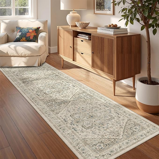 Runner Rug 2x8 Runners for Hallways Non Slip Washable, Vintage Hallway Runner Rugs for Living Room, Low Pile Soft Hallway Rug for Kitchen Bedroom Laundry Room Rug(Brown/Beige,2'x8')