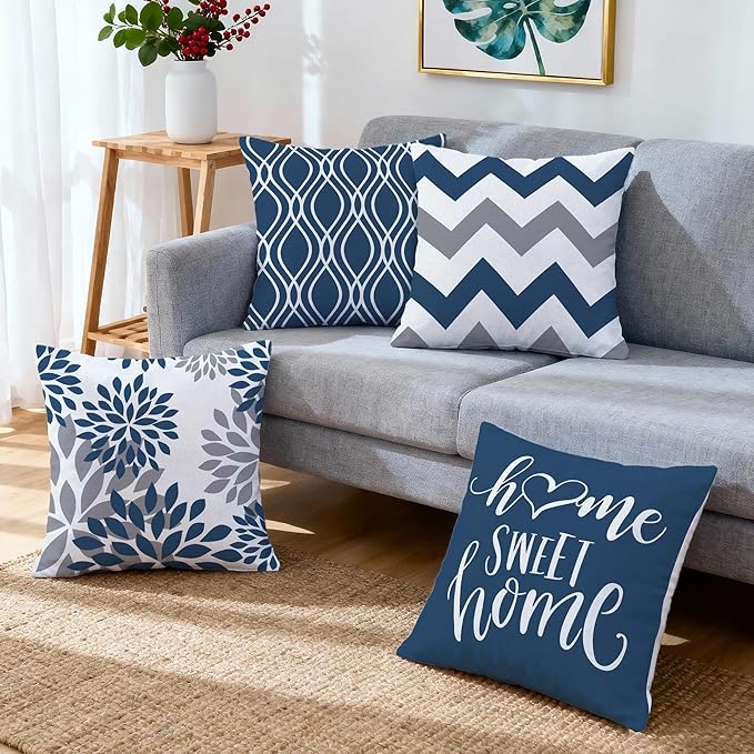Hexagram Geometric Blue Pillow Covers 18x18 Set of 4, Decorative Outdoor Boho Modern Throw Pillow Covers, Home Sweet Home Farmhouse Cushion Case for Couch Sofa Bedroom Indoor Decor(No Insert)
