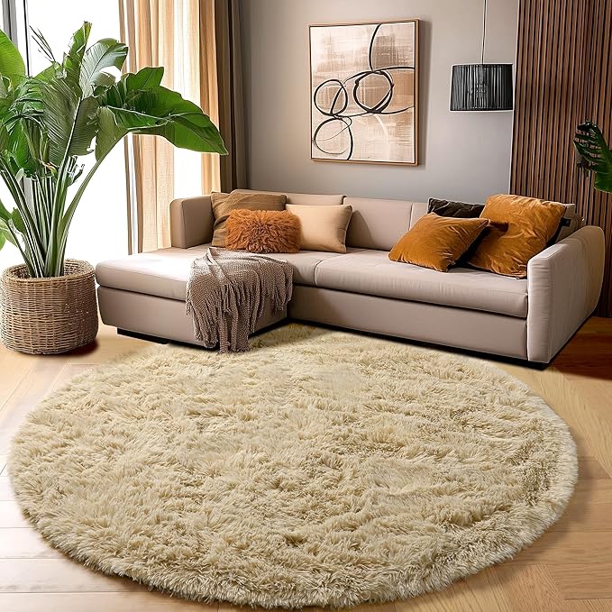 Amdrebio Beige Round Area Rug 6Ft for Living Room Bedroom, Fluffy Plush Shag Furry Circle Rugs for Kids Room Decor Aesthetic, Fuzzy Tan Neutral Circular Carpet for Baby Nursery Classroom Teens Dorm