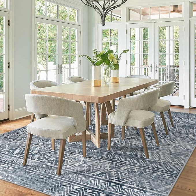 8x10 Area Rugs Washable Rug: Anti-Skid Abstract Modern Living Room Rug Soft Thin Carpets Indoor Floor Non-Shedding Carpet for Bedroom Dining Farmhouse Nursery Home Office (Blue Grey White, 8'x10')