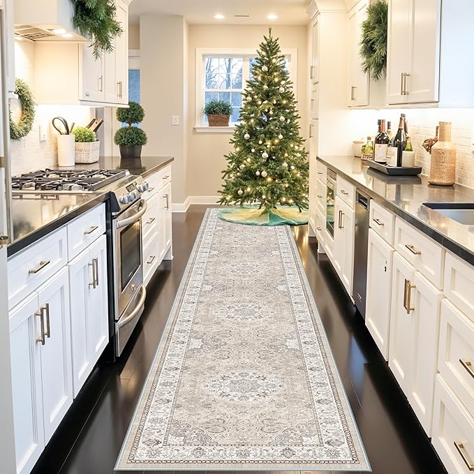 Washable Hallway 3x18 Runner Rug: Vintage Ultra Soft Non Slip Runner for Kitchen Entrance Indoor Farmhouse Long Carpet for Living Room Bathroom Low Pile Floor Mat for Bedroom Dining Room (3X18, Beige)