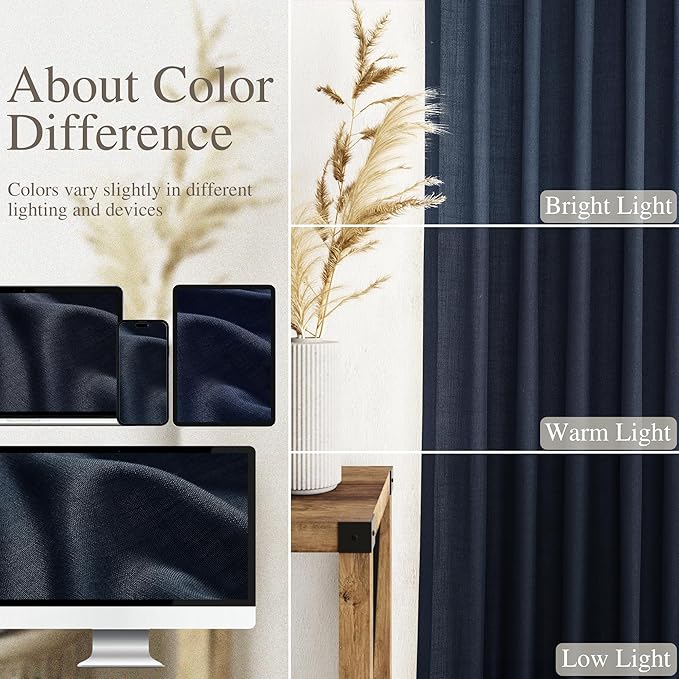 Navy Blue Linen Curtains 90 inch Length for Bedroom Boys Men Back Tab Modern Farmhouse Nautical Decor Blue Sheer Privacy Curtain Panels Set of 2 for Dining Room Indigo