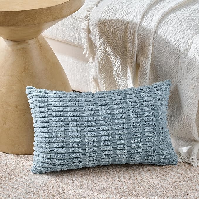 Fancy Homi Set of 4 Blue Lumbar Rectangle Decorative Throw Pillow Covers 12x20 Inch for Couch Bed Chair, Farmhouse Boho Room Decor, Soft Fuzzy Corduroy Textured Coastal Blue Cushion Case 30x50cm