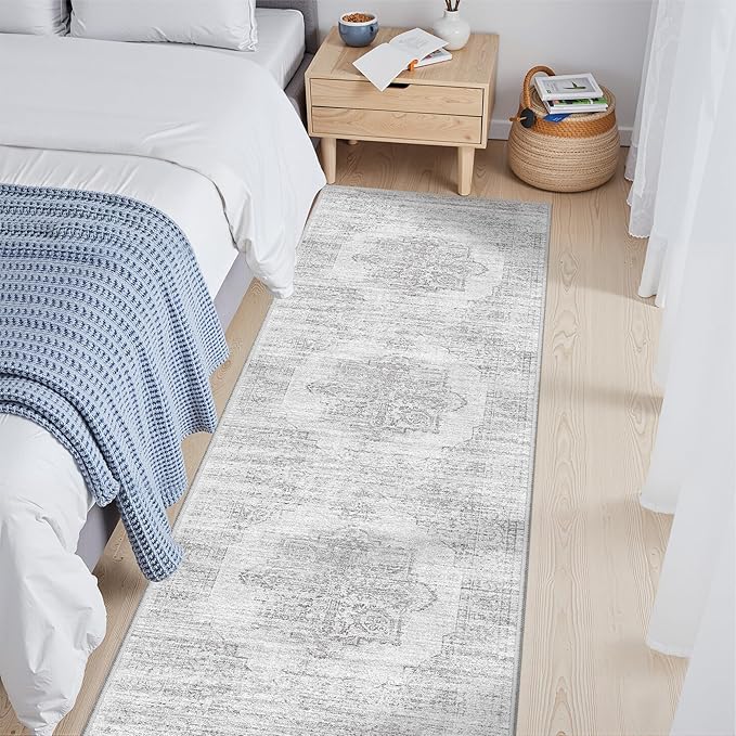 2x6 Runner Rug Non Slip for Entryway, Washable Runners for Kitchen, Soft Thin Hallway Rug for Bedroom, Laundry, Small Stain Resistant Indoor Door Mat(2'x6', Light Grey/White)