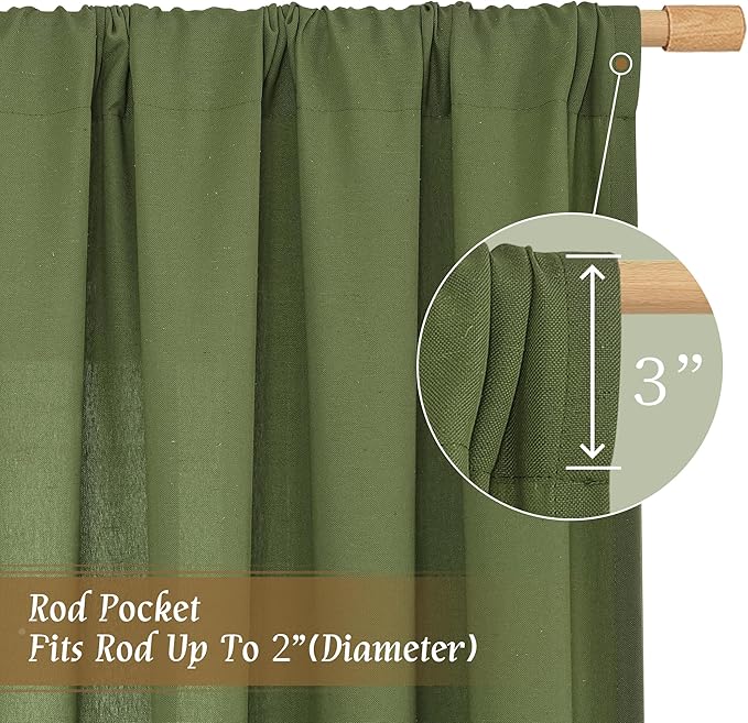LAMIT Linen Curtains 45 Inch Length 2 Panels Set for Bedroom, Light Filtering Semi Sheer Neutral Short Decorative Window Rod Pocket Christmas Decor Drapes for RV/Basement, 42 X 45 Inch, Olive Green