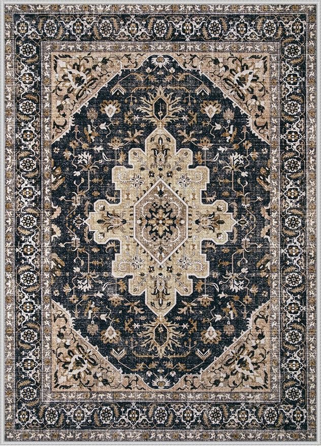 Area Rugs 6x9 Vintage Rug: Washable Living Room Rug Retro Medallion Distressed Large Soft Low Pile Non-Slip Indoor Floor Carpet for Bedroom Kitchen Nursery Dining Table Office (BeigeBlack, 6'x9')