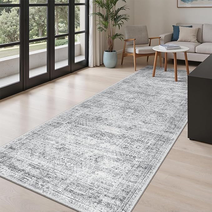 Hallway Runner Rug 4x8 Wide: Washable Thin Runners for Hallways Entry, Non Slip Soft Vintage Kitchen Area Rugs for Living Room Bedroom Dining Room Foyer (Grey, 4x8)