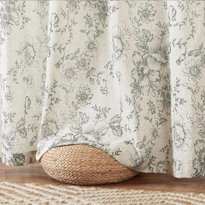 jinchan Lined Linen Blend Curtain Floral Curtains for Living Room 90 Inches Long Grey Peony Flower Printed Curtain Back Tab Farmhouse Patterned Drapes Bedroom Window Curtains Set 2 Panels