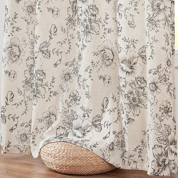jinchan Pinch Pleated Curtains Floral Linen Blend Curtains for Living Room 96 Inches Length Black Peony Flower Printed Curtain Rod Pocket Back Tab Farmhouse Pinch Pleat Drapes with Hooks Set 2 Panels