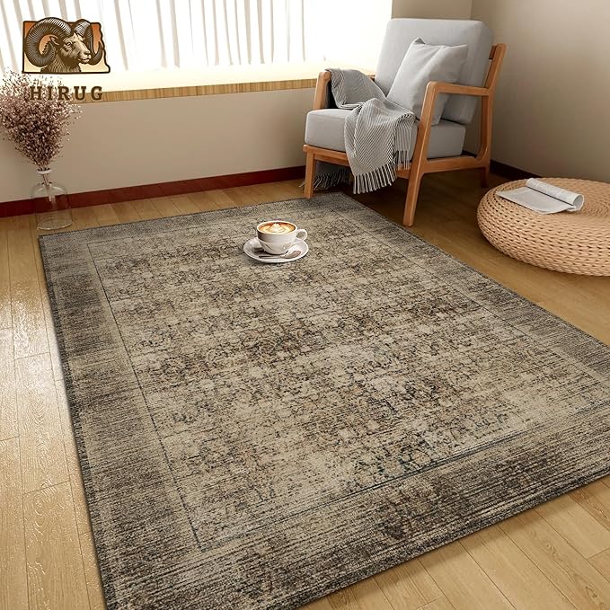 Washable Area Rug 4' x 6' Vintage Traditional Persian Mat - Foldable Distressed Non-Slip Machine Washable Carpet for Living Room Bedroom Kitchen Home Decor - Mocha and Taupe