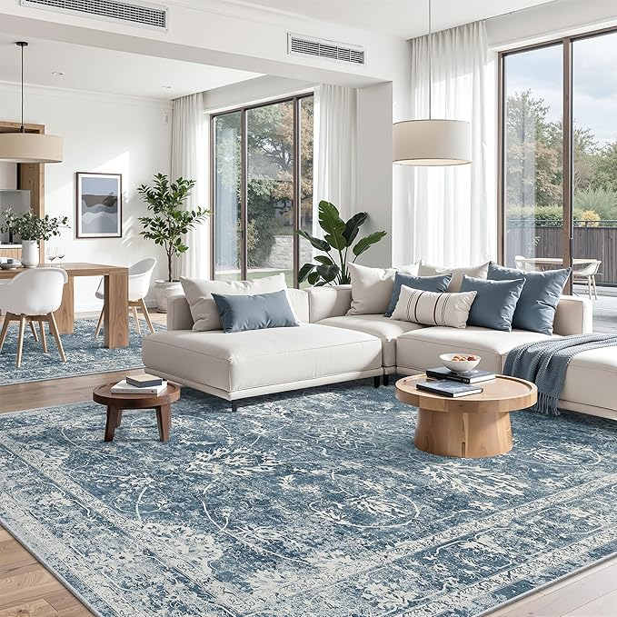 Madane Washable 6x9 Area Rugs for Living Room, Vintage Rug with Non-Slip Backing, Soft Stain Resistant Throw Rugs Thin Carpet for Bedroom Dining Room Farmhouse (6 x 9, Cadet Blue)