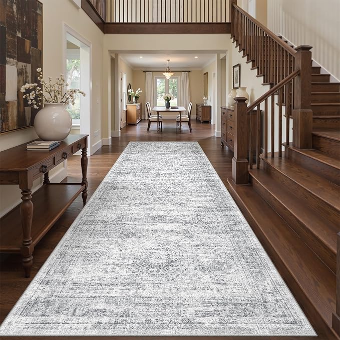 4x12 Runner Rug for Hallway, Low-Pile Wide Runner for Entryway, Long Washable Non-Slip Kitchen Rug, Soft Modern Home Decor Mat for Living, Laundry Room(4'x12', Grey/Ivory)