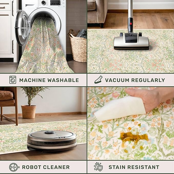 Light Green Bedroom Rug, 7x10 Washable Area Rug Non-Slip for Living Room, Nursery, Kids Room, Dining Room, Vintage Beige Botanical Low Pile Soft Carpet Fade Resistance