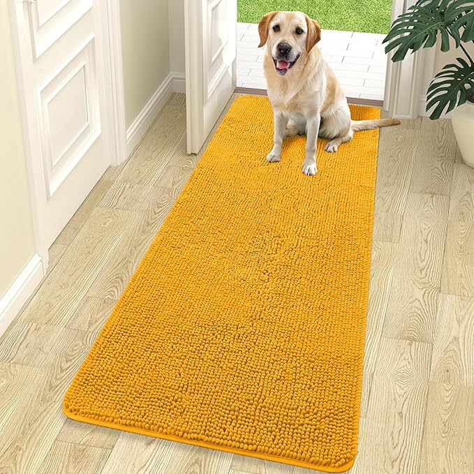 OLANLY Dog Door Mat for Muddy Paws 70x24, Absorbs Moisture and Dirt, Absorbent Non-Slip Washable Doormat, Quick Dry Chenille Mud Mat, Entry Indoor Entryway Carpet for Inside Floor, Golden Yellow