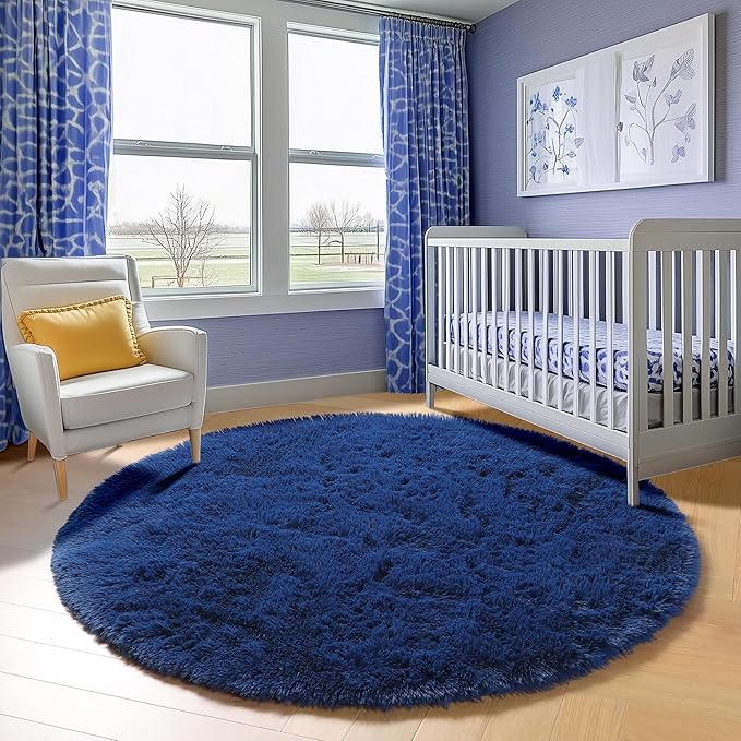 ONASAR Navy Blue Round Area Rugs 5ft, Soft Bedroom Circle Rug Floor Mat for Kids Girls Boys Teen Room, Fluffy Plush Shaggy Carpet for Baby Nursery Living Room Playroom Dorm Home Decor