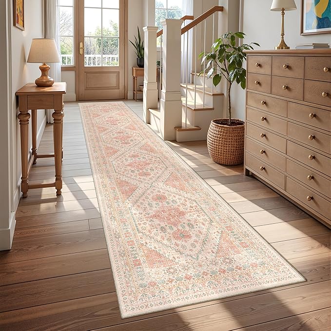 Hallway Runner Rug 2x12, Extra Long Washable Runner Rugs with Rubber Backing, Non Slip Runner, Vintage Rug Runners for Kitchen Laundry Room Entryway (Pink,2'x12')