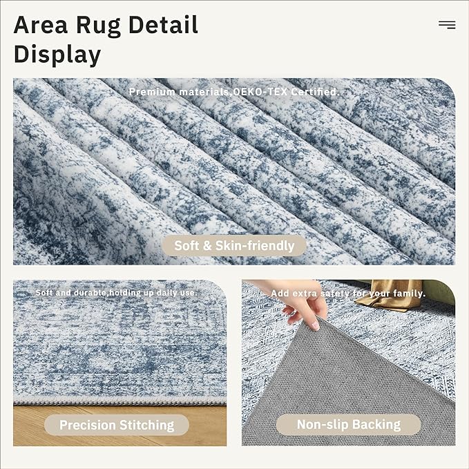 6x9 Area Rug for Living Room Washable 6x9 Non-Slip Modern Rugs for Bedroom Dinning Room Ultra-Thin Indoor Blue