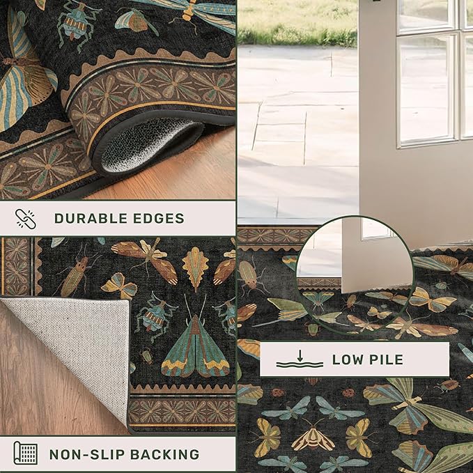 Green and Black Rug for Entryway Indoor- 3x6 Kitchen Floor Mats Non Slip, Washable Dark Unique Insect Print Rugs for Entry Way, Mudroom, Vintage Stain Resistant Indoor Décor