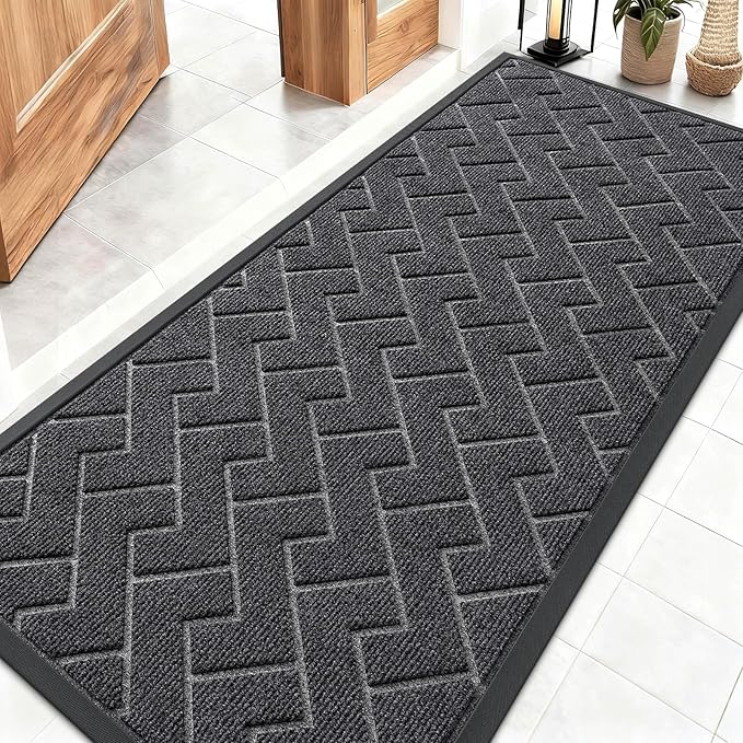 OLANLY Front Door Mat Indoor Outdoor Entrance, Waterproof All-Season, All-Weather Doormat, Sturdy Natural Rubber, Low Profile, Easy Clean Patio Porch Entryway Mat, Herringbone Brick (Grey, 59x23)