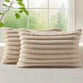 decorUhome Cozy Faux Fur Throw Pillow Covers 12x20 Set of 2 Decorative Soft Plush Striped Lumbar Modern Farmhouse Boho Couch Pillow Cases with Velvet Back for Sofa Bed Living Room, Khaki Brown