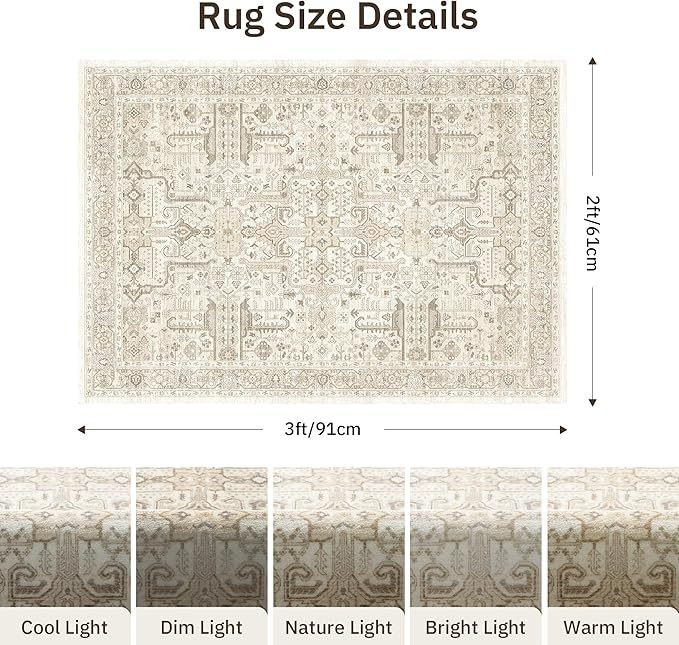 Washable 2x3 Entryway Area Rug - Small Non Slip Vintage Kitchen Runner Rugs Indoor Entrance Soft Neutral Stain Resistant Bathroom Mat Farmhouse Carpet for Bedroom Living Room Entry Laundry 2'x3' Beige