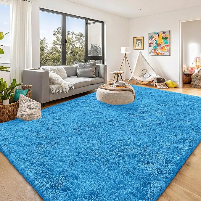 OLANLY 8x10 Machine Washable Large Area Rugs for Living Room, Bedroom, Soft Fluffy Shaggy Bedside Rug, Indoor Floor Carpet for Kids Girls and Boys, Dorms, Nursery, Home Decor Aesthetic, Bright Blue