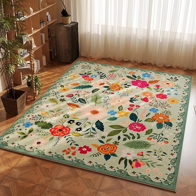 Rugcomf Bedroom Rug 3x5 Rug Washable Area Rug Non Slip Low Pile Boho Floral Small Carpet for Bedroom, Bedside, Kitchen, Entryway, Kids Room, Office, College Dorm Essentials for Girls(Green)