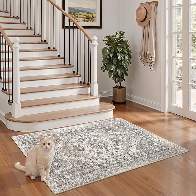 zesthome 2x3 Entryway Rug, Soft Washable Rugs, Non Slip Area Rug, Stain Resistant Low Pile Rugs for Bedroom, Vintage Rug for Door Mat, Kitchen (Brown/Beige,2'x3')