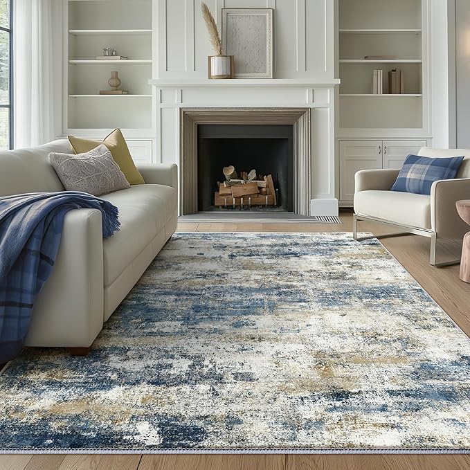 Area Rugs 5x8 for Living Room Bedroom, Modern Abstract Machine Washable Rug, Large Soft Low Pile Floor Carpet with Non Slip Backing for Dining Room, Navy Blue Beige