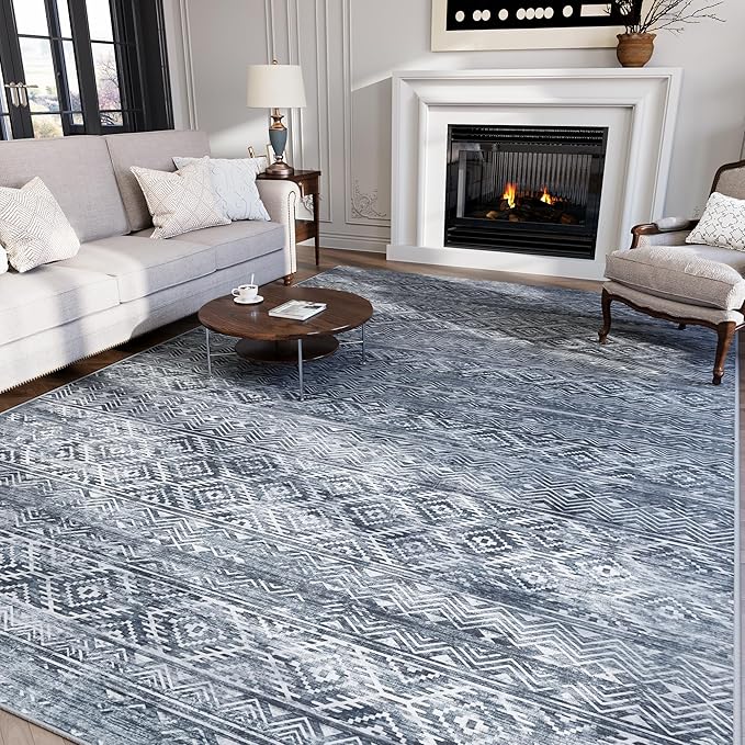8x10 Area Rugs Washable Rug: Anti-Skid Abstract Modern Living Room Rug Soft Thin Carpets Indoor Floor Non-Shedding Carpet for Bedroom Dining Farmhouse Nursery Home Office (Blue Grey White, 8'x10')