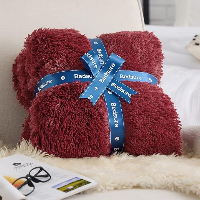Bedsure GentleSoft Fluffy Burgundy Red Throw Blanket, Maroon Red Decor Gifts for Women, Soft Cozy Fuzzy Sherpa Fleece Plush Thick Warm Faux Fur Throws for Couch, Bed, Blanket for Mom, 50x60