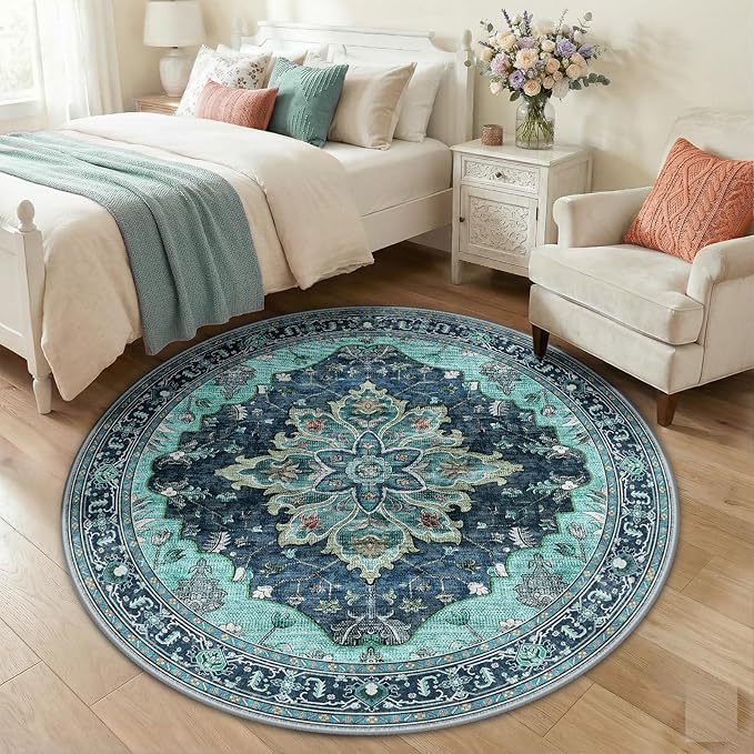 RELEANY Area Rugs 5ft Washable Non-Slip, Floral Vintage Distress Print Pattern Medallion Carpet for Living Room Bedroom Dining Room, Teal Green Lake Blue Turquoise