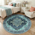 RELEANY Area Rugs 5ft Washable Non-Slip, Floral Vintage Distress Print Pattern Medallion Carpet for Living Room Bedroom Dining Room, Teal Green Lake Blue Turquoise