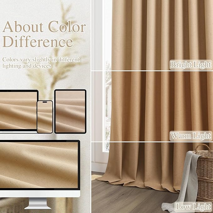 Guken 100% Blackout Linen Curtains 120 Inch Length 2 Panels Set for Living Room Bedroom Back Tab Thermal Insulated Black Out Linen Drapes Room Darkening Window Curtains,Camel Brown
