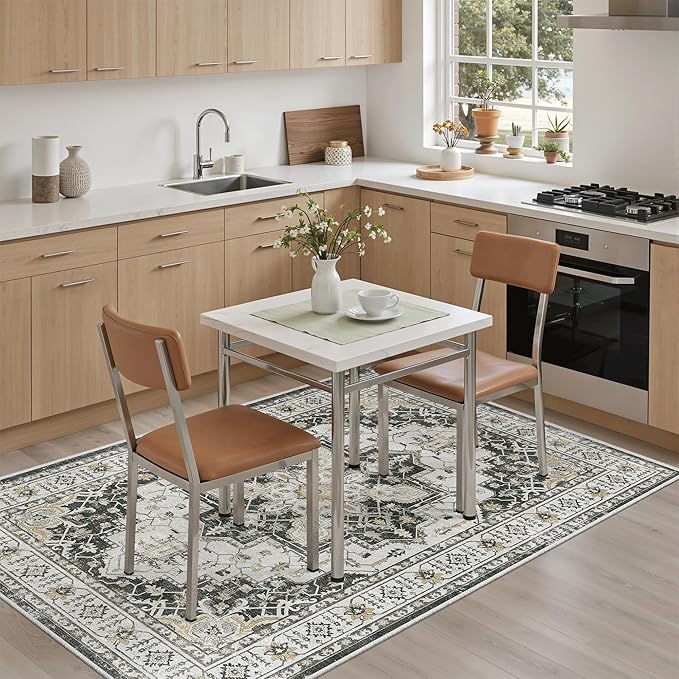 Madane Area Rug 4x6 Washable Rugs: Vintage Living Room Rug Soft Low Pile Non Slip Area Rugs Distressed Indoor Floor Carpet for Bedroom Kitchen Dining Room Home Decor, Black
