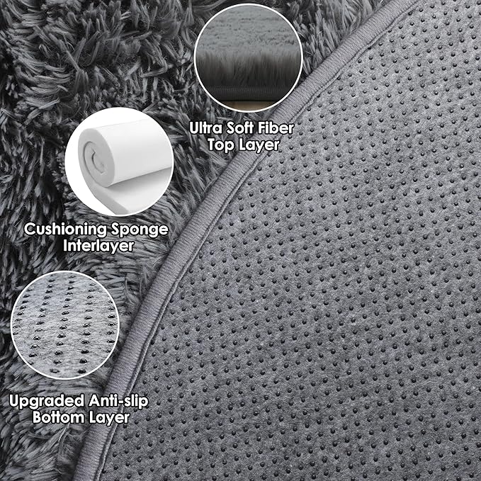 ONASAR Grey Round Area Rug 4ft, Gray Soft Bedroom Circle Throw Rugs for Kids Girls Boys Teen Dorm Room, Fluffy Plush Shaggy Carpet Mats for Nursery Living Room Playroom Home Office Decor Aesthetic