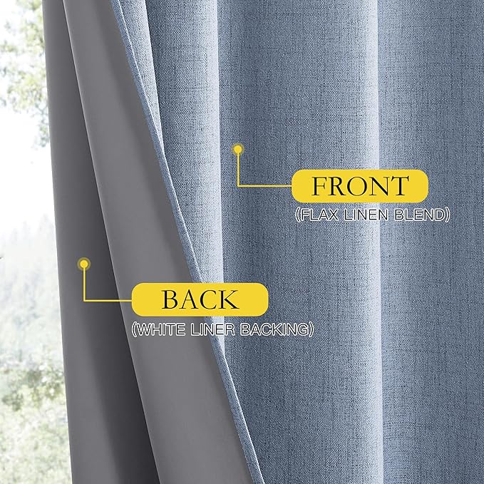 NICETOWN Stone Blue Vintage Linen 100% Blackout Curtains for Living Room, Thermal Insulated Curtains 90" Long, Noise Reducing Window Treatment Drapes for Hall Room, 42" Wide Per Panel, Set of 2
