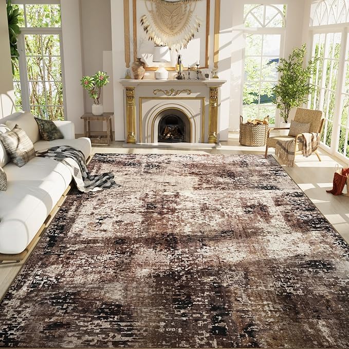Ompaa Living Room Rug 8x10 Brown Area Rugs Machine Washable Abstract Coffee Boho Large Carpet Non-Slip Non-Shedding Faux Wool Indoor Vintage Rug for Bedroom, Classroom, Dining Room, Kids Playroom